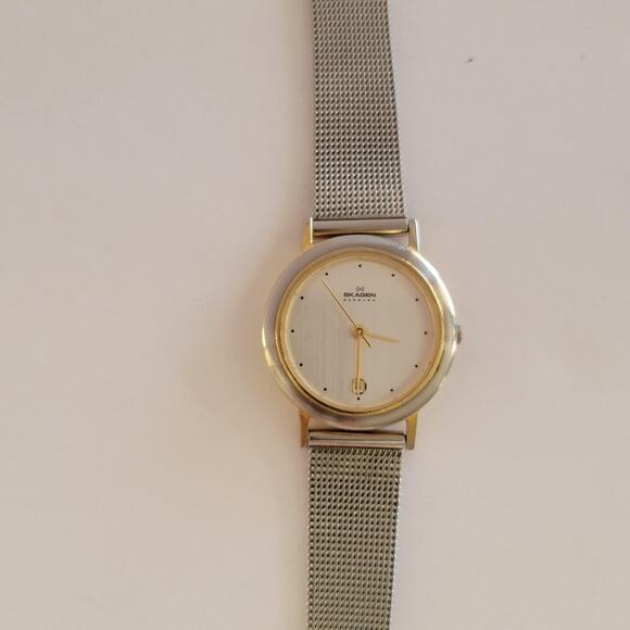 Skagen Womens Watch Silver Dial Gold Case Silver Mesh Bracelet Date 165GS
